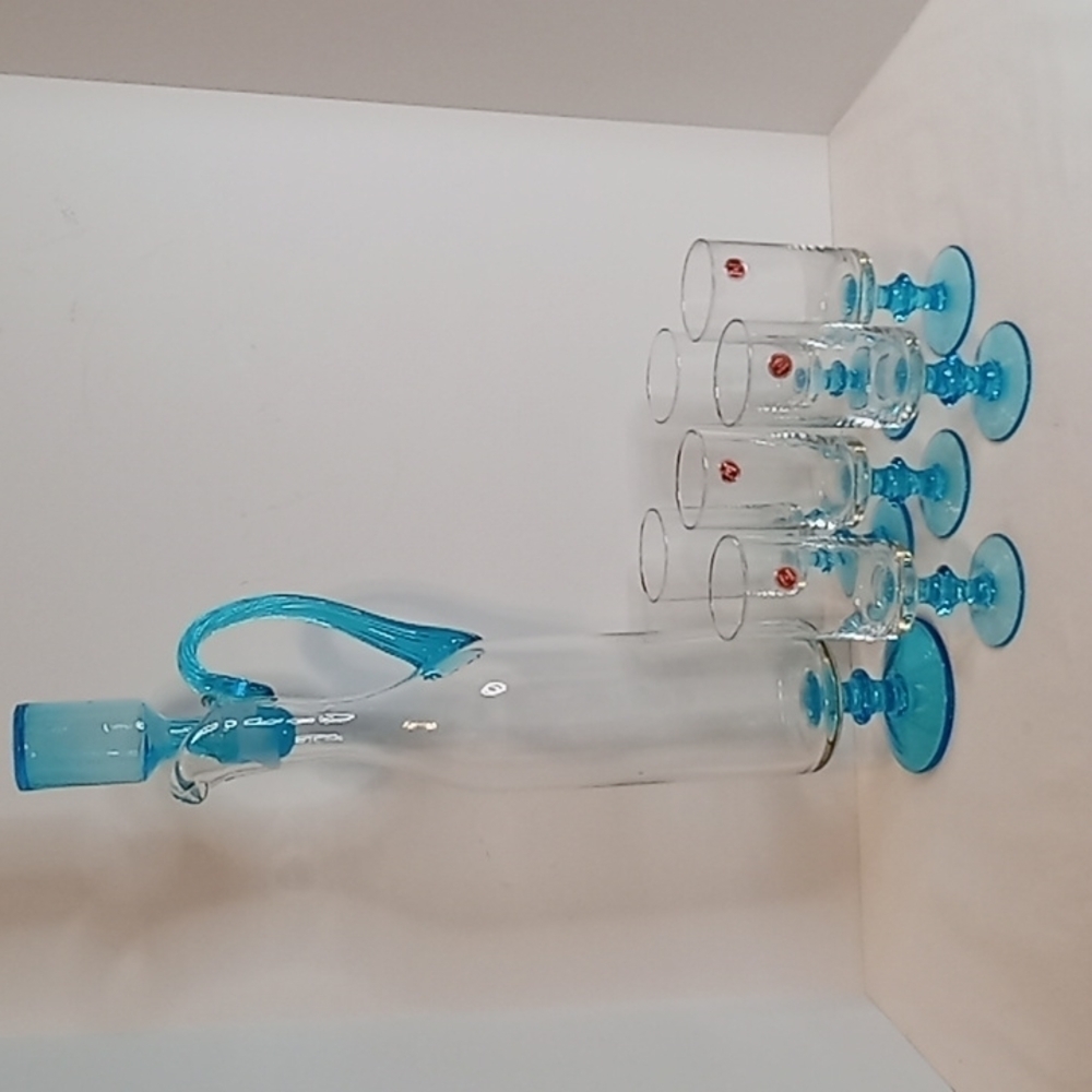 𝅺vintage Turquoise Italian Carafe With Footed High Ball Glasses 8 PC Bar Set